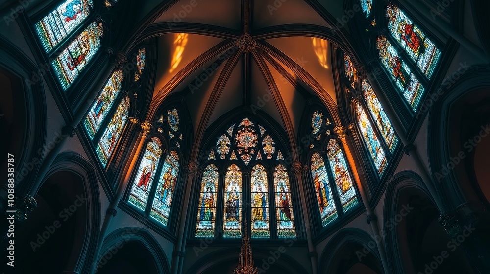 A Cathedral Ceiling with Stained Glass Windows A Cathedral Ceiling with Stained Glass Windows