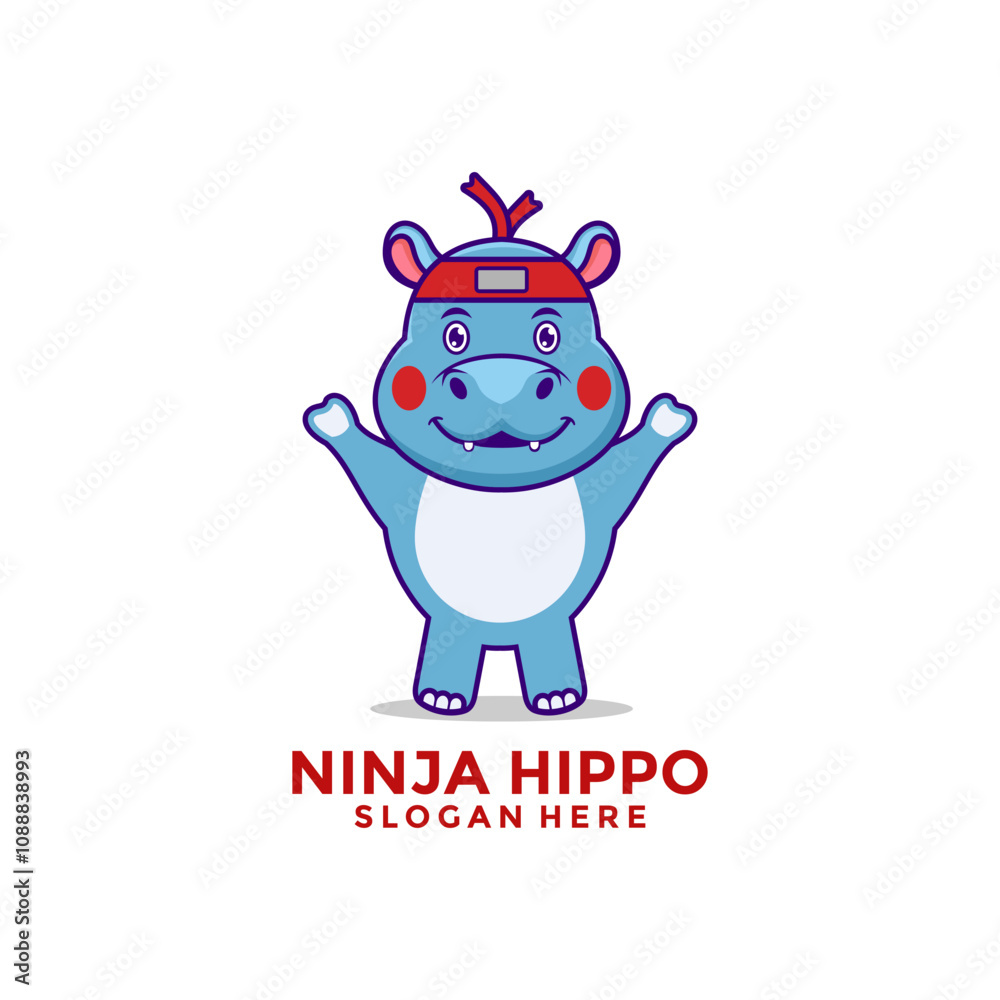 Cute Hippo Ninja Cartoon vector logo icon, cute baby Ninja hippo logo design template Cute Hippo Ninja Cartoon vector logo icon, cute baby Ninja hippo logo design template