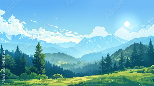 A cartoon illustration of a mountain range and a forest with a blue sky.