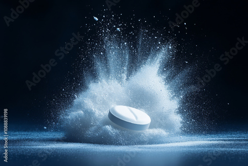 A white round pill exploding on a dark blue background. A cure for pain. Overdose. Abuse.