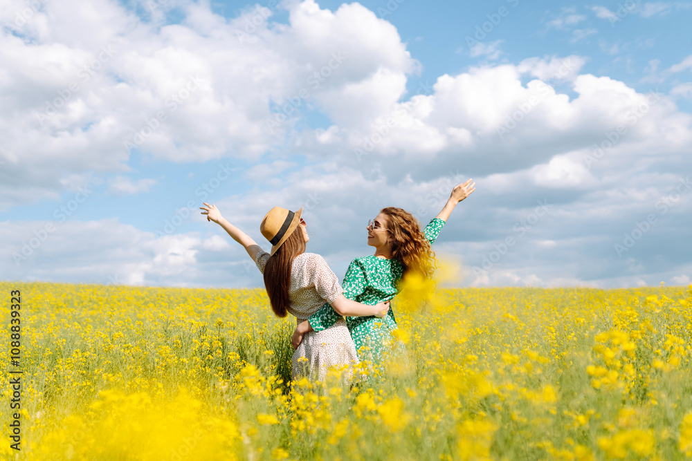 Two beautiful women in amazing in a blooming field. Nature, vacation, relax and lifestyle. Summer landscape. Two beautiful women in amazing in a blooming field. Nature, vacation, relax and lifestyle. Summer landscape.