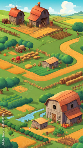 Farm and field, mobile game asset. Game environment set, hay day, stared valley style