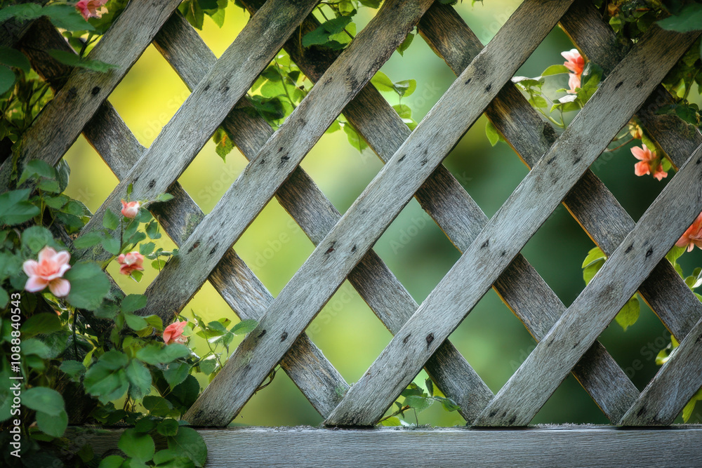Rustic wooden lattice with vibrant green leaves and delicate pink flowers creating a charming garden backdrop bathed in warm sunlight. Rustic wooden lattice with vibrant green leaves and delicate pink flowers creating a charming garden backdrop bathed in warm sunlight.