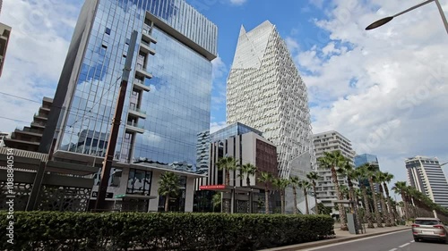 Casablanca, Morocco - November 18, 2024 : view of business buildings Finance City Anfa Park Tower or CFC Tower - the new finance district in Casablanca