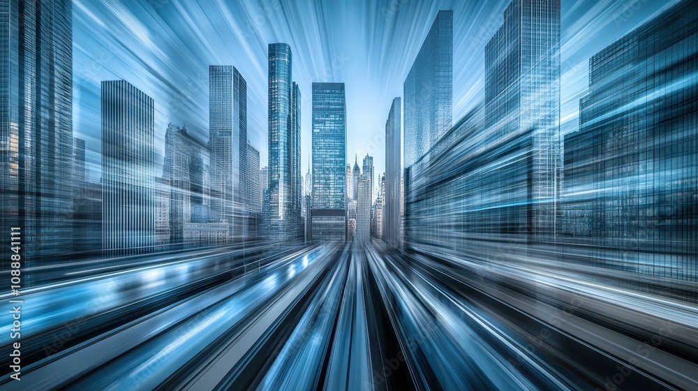 Fototapeta premium Fast motion blur of city skyscrapers and train tracks.