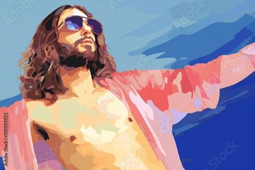 Jesus wears sunglasses painting portrait adult. photo