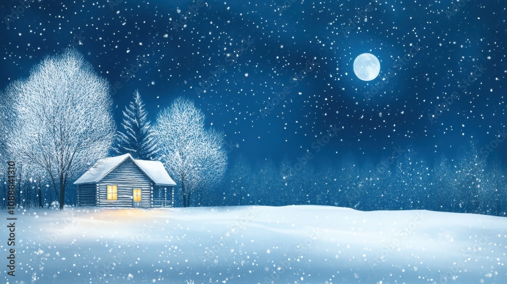 A serene winter scene featuring a cozy cabin under a starry night sky with falling snow.