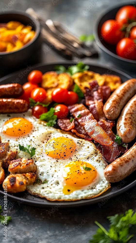 Savory Breakfast Plate with Fried Eggs, Sausage, Bacon, and Tomatoes Savory Breakfast Plate with Fried Eggs, Sausage, Bacon, and Tomatoes