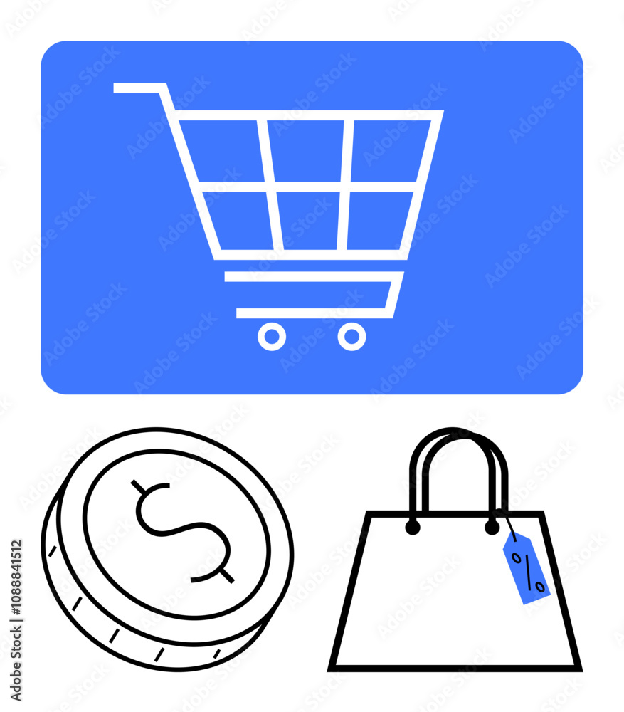 Coin with dollar symbol, shopping bag with discount tag, shopping cart on blue background. Ideal for online shopping, e-commerce, retail sales, discounts, financial transactions, consumerism Coin with dollar symbol, shopping bag with discount tag, shopping cart on blue background. Ideal for online shopping, e-commerce, retail sales, discounts, financial transactions, consumerism