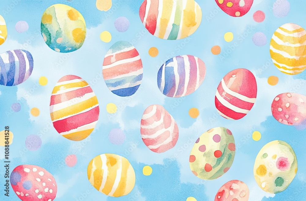 A pattern of pastel-colored Easter eggs with stripes and dots, scattered across the background in various sizes A pattern of pastel-colored Easter eggs with stripes and dots, scattered across the background in various sizes
