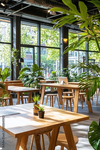 Wooden Table and Chairs in a Modern Cafe with Natural Light and Plants.