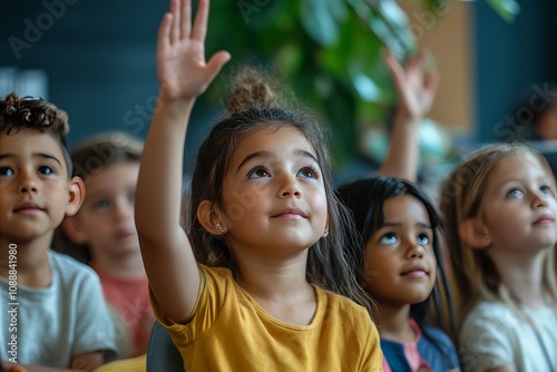 Engaged students in an elementary classroom eagerly raising hands to answer teacher s question photo