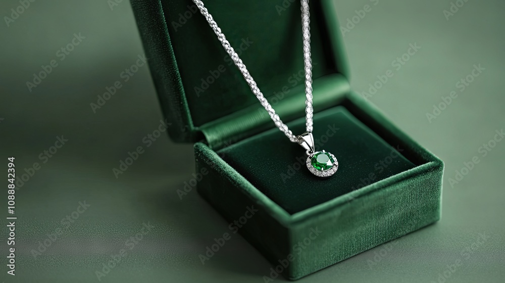 Emerald Necklace with Diamond Halo Pendant in Jewelry Box Emerald Necklace with Diamond Halo Pendant in Jewelry Box