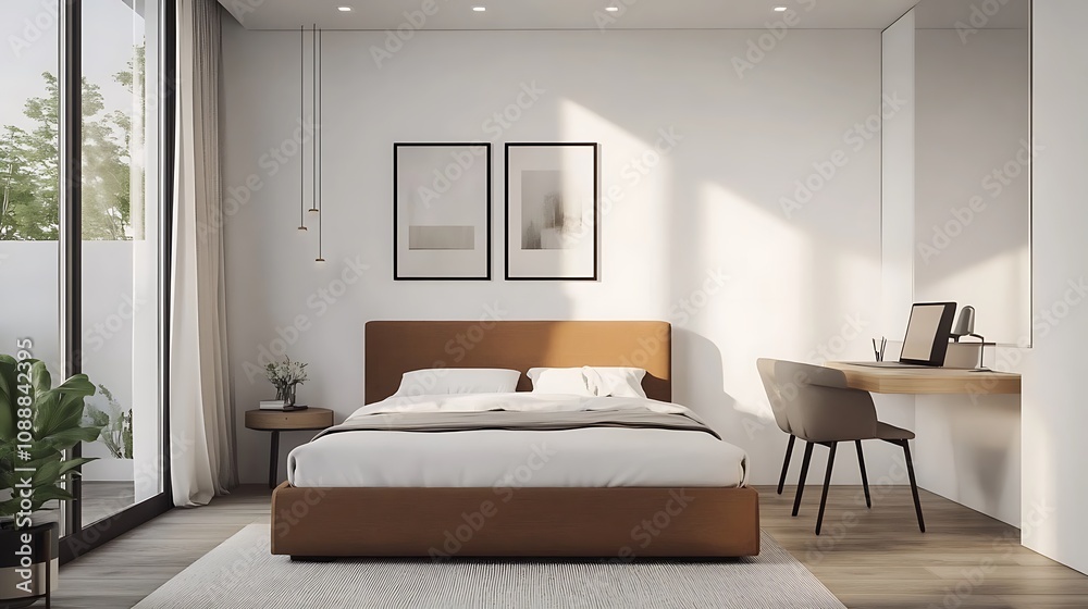 Fototapeta premium Beautiful Colored Mockup Bedroom Interior Blank Poster Decoration Art Background Image, generative AI