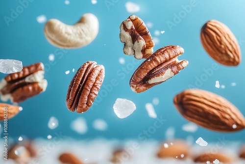 A delectable mix of pecans, almonds, and cashews, captured mid-air with a sprinkle of salt. This image is perfect for food blogs, recipe websites, and healthy eating campaigns.