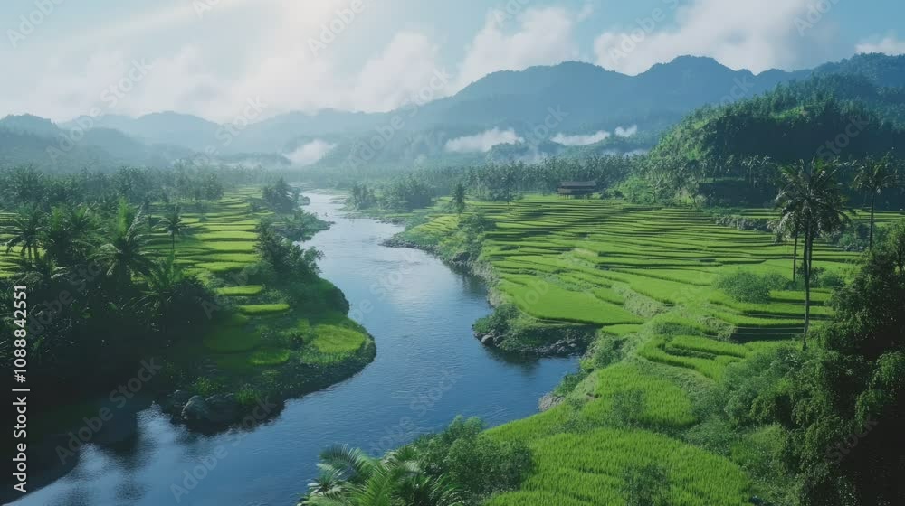 view of the river and rice fields from above . seamless looping time-lapse virtual video Animation Background.