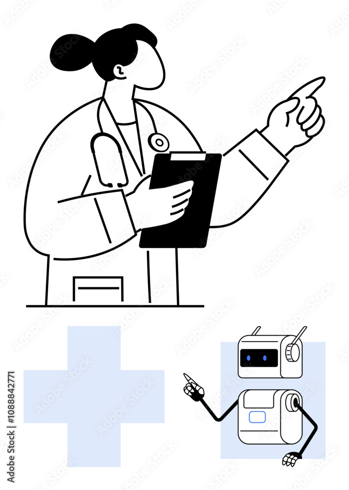 Medical professional holding clipboard, and robot indicating synergy. Ideal for healthcare, technology, innovation, AI in medicine, future of healthcare, professional communication, team dynamics Medical professional holding clipboard, and robot indicating synergy. Ideal for healthcare, technology, innovation, AI in medicine, future of healthcare, professional communication, team dynamics