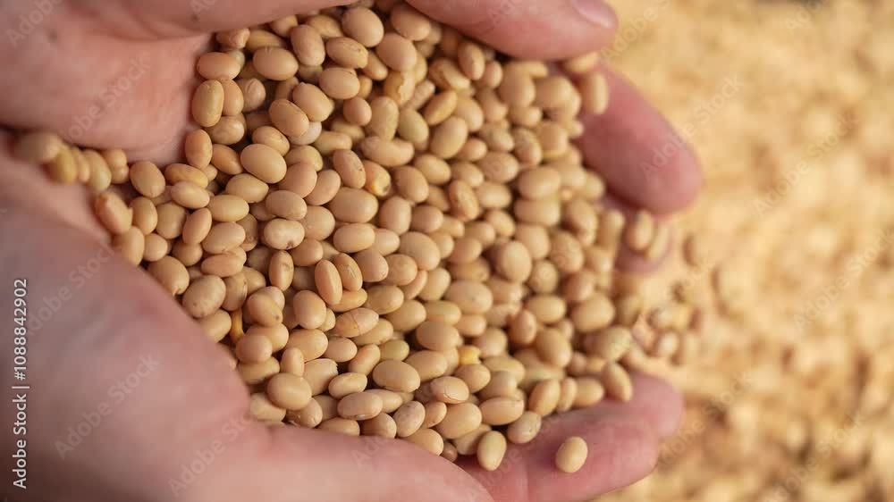 soybean agriculture. farmer holding soybean grains close-up. agriculture business soy lifestyle a farm concept. farmer hands are sorting out soybean grains holding in his hands soybean agriculture. farmer holding soybean grains close-up. agriculture business soy lifestyle a farm concept. farmer hands are sorting out soybean grains holding in his hands