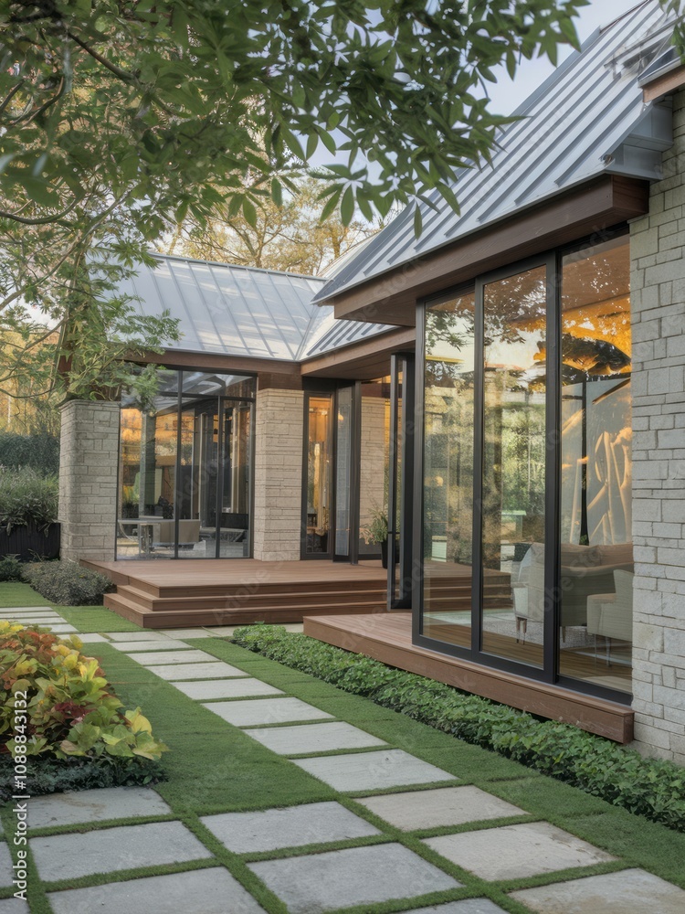 Obraz premium Modern Contemporary Home with Floor-to-Ceiling Windows and Beautiful Landscaping