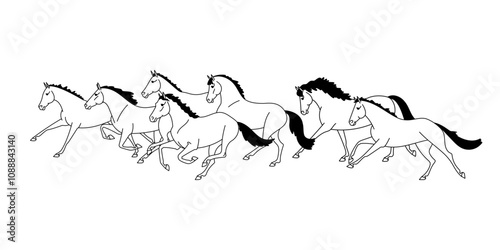Group of galloping horses illustrated in black and white