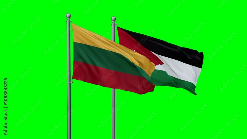 Jordan and Lithuania flags flying together, video concept of the relationship with colored chroma key for easy background remove Jordan and Lithuania flags flying together, video concept of the relationship with colored chroma key for easy background remove