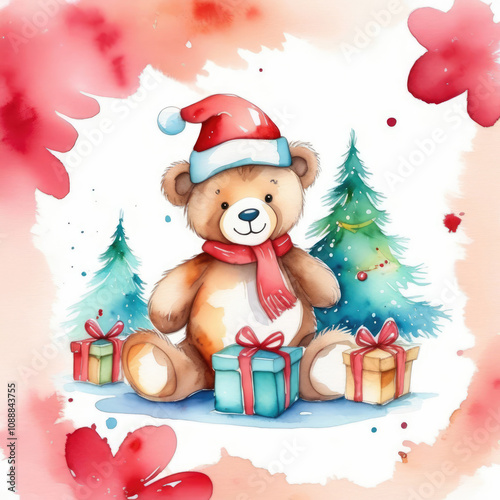 Cute Bear and gift box Christmas season illustration.