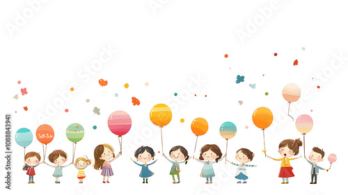 Children holding colorful balloons in joyful celebration, showcasing happiness and togetherness. vibrant colors and playful expressions create cheerful atmosphere