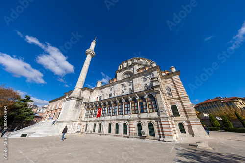 Laleli Mosque also known a Tulip mosque. Exterior shot. Arabic text as decor (verses from Koran, muslim Holy book). Ottoman