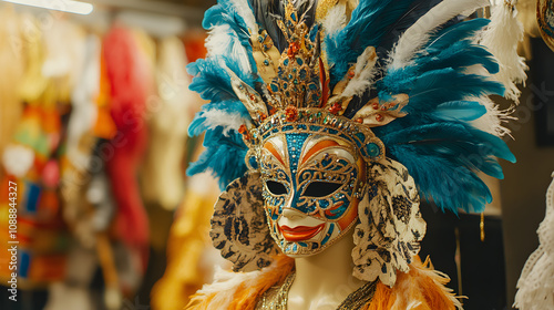 Culture, mask and samba costume for carnival, celebration and creative performance accessory in dressing room. Dance, festival aesthetic and feather head gear on chair for party tradition in Brazil. photo