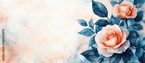 A soft watercolor illustration of pink roses with blue leaves against a pastel background.