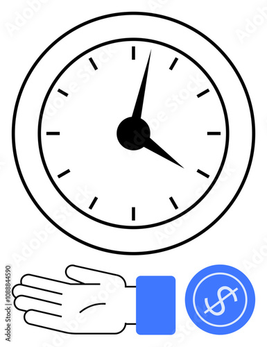 Clock with black hands and markers, hand reaching out, blue dollar symbol. Ideal for time management, financial planning, efficiency, productivity, punctuality investment business strategy. Line