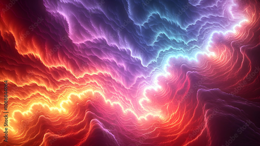 Obraz premium Abstract 3D fractal art: Vibrant, swirling energy flows intensely, creating a mesmerizing, colorful cosmic background.