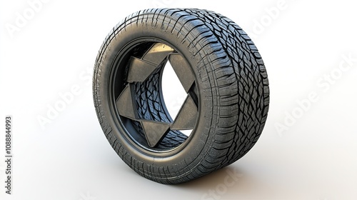 An inventive tire recycling idea with a car tire and a 3D-rendered recycling symbol set against a stark white backdrop.  photo