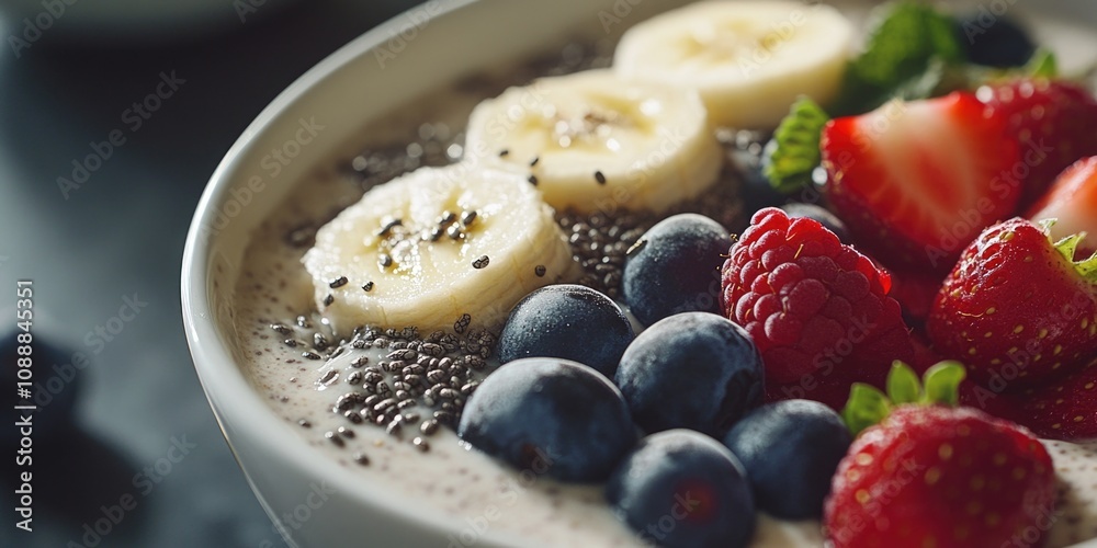 A bowl of mixed yogurt, banana slices, and berries on top. A bowl of mixed yogurt, banana slices, and berries on top.