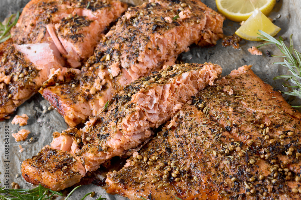 baked salmon fillet on baking tray, top view baked salmon fillet on baking tray, top view