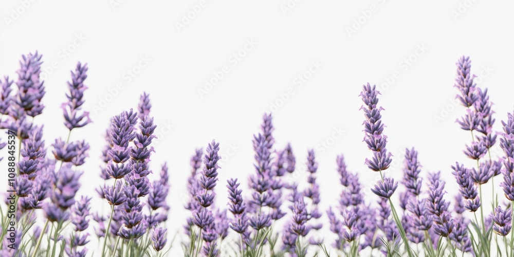 Naklejka premium Close-up view of a vibrant field of violet lavender flowers with green foliage, suggesting a peaceful garden or rural scene.