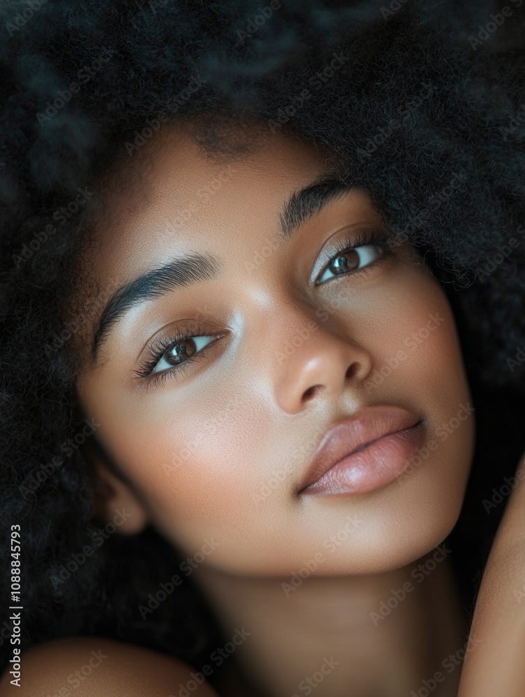 African American woman with long hair and natural makeup. Looking towards the camera. African American woman with long hair and natural makeup. Looking towards the camera.