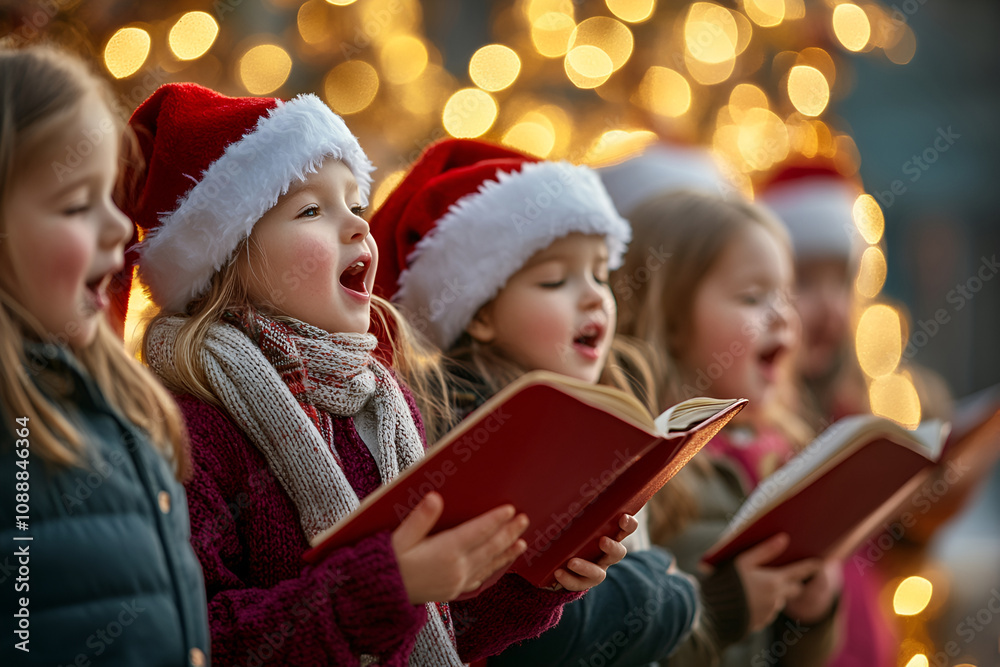Children in Santa hats singing Christmas carols with joy under festive holiday lights Children in Santa hats singing Christmas carols with joy under festive holiday lights