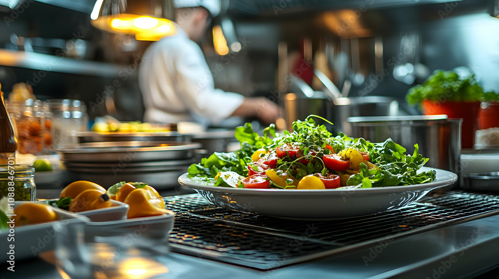 Fresh Salad with Cherry Tomatoes and Greens Served in a Restaurant Kitchen Setting Fresh Salad with Cherry Tomatoes and Greens Served in a Restaurant Kitchen Setting