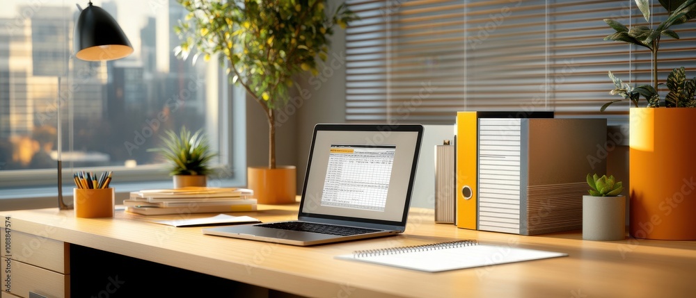 Minimalistic Modern Office Workspace with Warm Natural Light and Greenery Minimalistic Modern Office Workspace with Warm Natural Light and Greenery