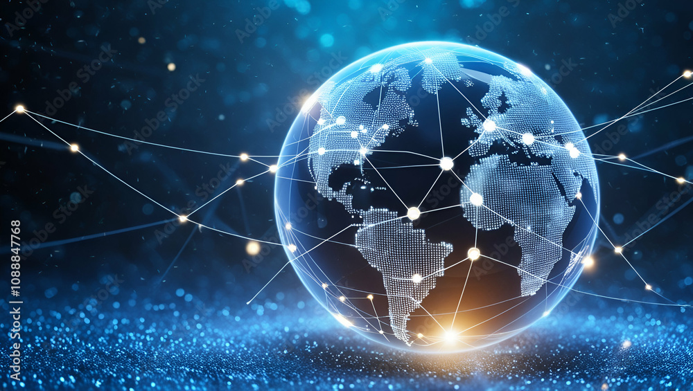 Digital globe, A digital rendering of a blue, glowing Earth with lines connecting, Global network connection. Big data analytics and business concept Digital globe, A digital rendering of a blue, glowing Earth with lines connecting, Global network connection. Big data analytics and business concept