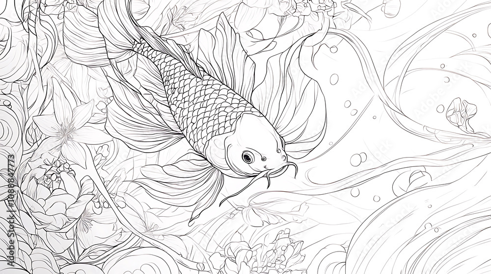 Naklejka premium detailed line art illustration of traditional Japanese carp swimming among flowers and flowing water, capturing serene and artistic essence