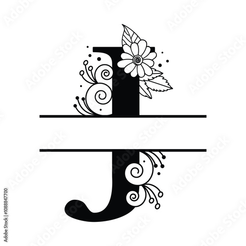 Customizable Floral Alphabet J Monogram, Botanical Split Letter Logo Illustration