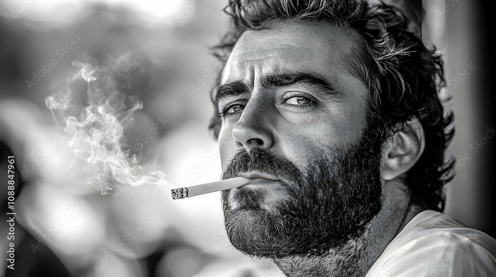 Fototapeta premium Black and White Photo of a Bearded Man Smoking a Cigarette Outdoors