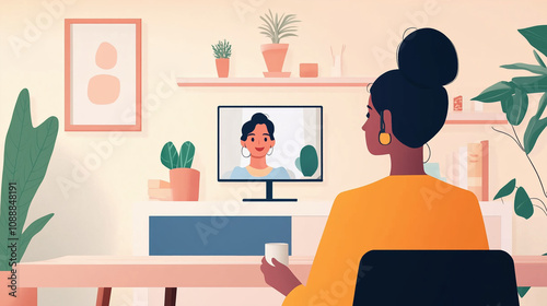 2D illustration of Young woman consulting with a doctor via video call from home, modern technology, healthcare, telemedicine, remote medical advice, online healthcare services photo