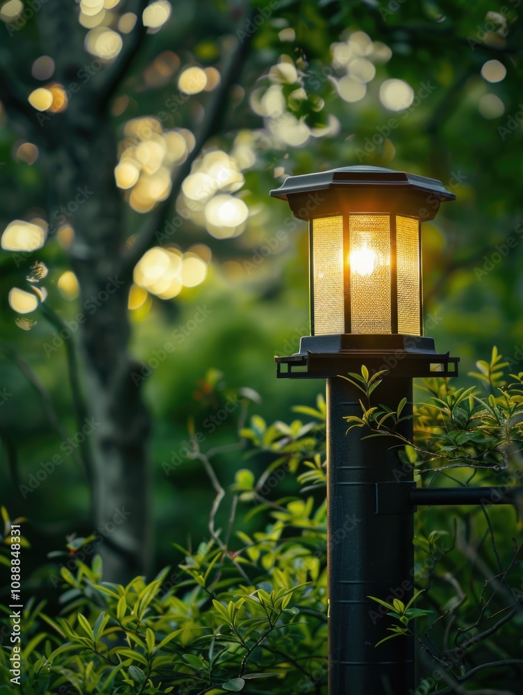 An outdoor lamp post casts a warm glow on the path in a forest, creating a serene and inviting atmosphere as dusk falls. An outdoor lamp post casts a warm glow on the path in a forest, creating a serene and inviting atmosphere as dusk falls.