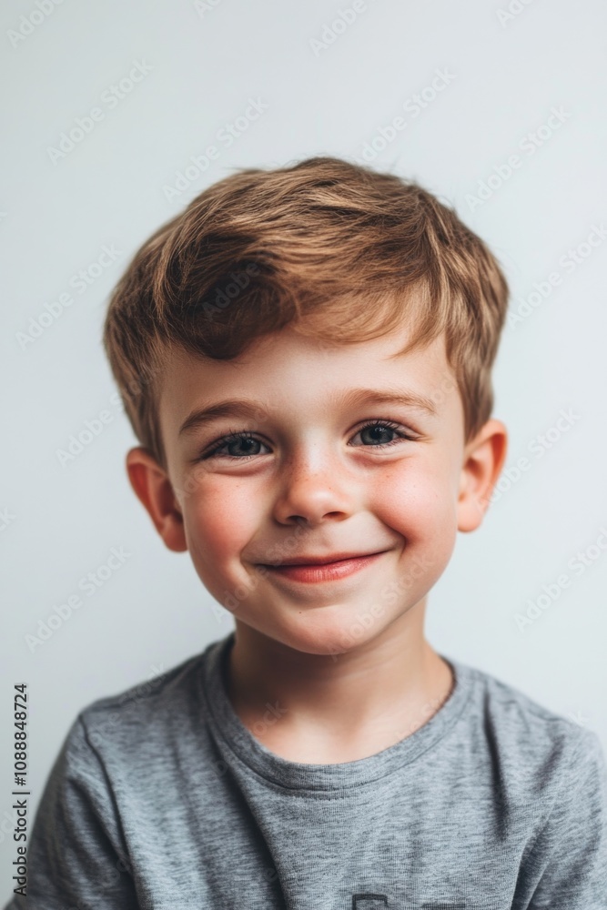 Happy young boy with big smile, wearing grey shirt and displaying innocent joy. Portrait shot capturing facial expressions. Happy young boy with big smile, wearing grey shirt and displaying innocent joy. Portrait shot capturing facial expressions.