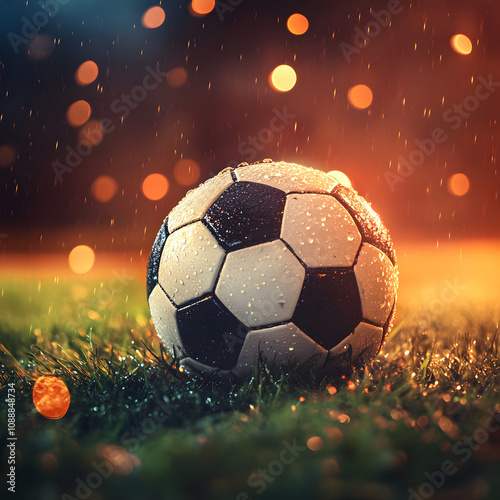 realistic, close up of soccer ball lying on the grass, flood lights, nighttime, lens flares, wet photo