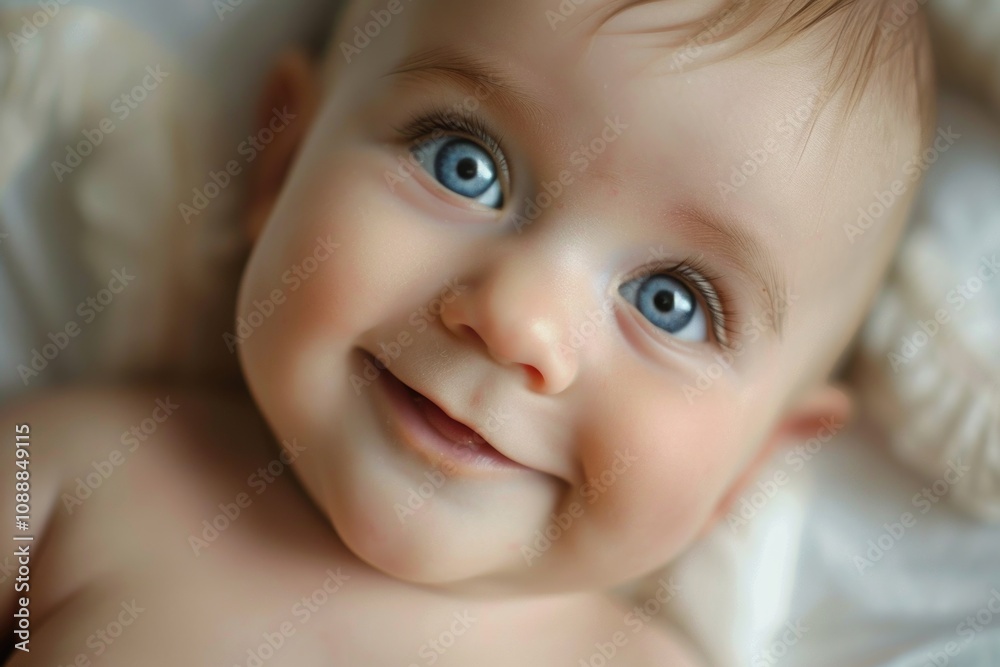 A joyful and content newborn baby with vibrant blue eyes, smiling peacefully. The innocence of youth is captured in this tender moment. A joyful and content newborn baby with vibrant blue eyes, smiling peacefully. The innocence of youth is captured in this tender moment.
