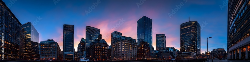 Naklejka premium A vibrant cityscape of Massachusetts at dusk, showcasing the iconic landmark with high-rise buildings . The sky is painted with hues of blue and purple as the sun sets behind them